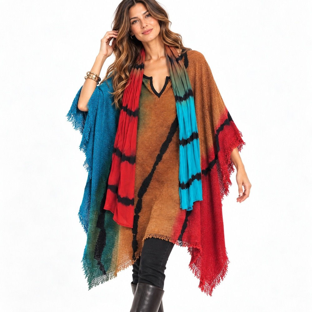 Dilemma New York Poncho Scarf Set OS Multicolor Tie Dye Boho Fringe Art To Wear